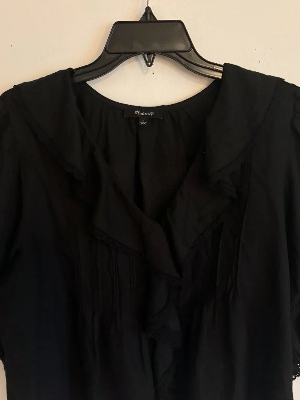 Madewell Black Cotton Pintuck Ruffle Blouse Short Puff Sleeve Victorian Top L